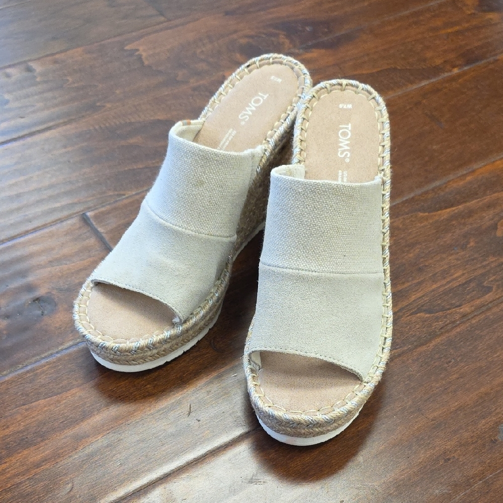 TOMS Beige Canvas Espadrille Wedge Mules